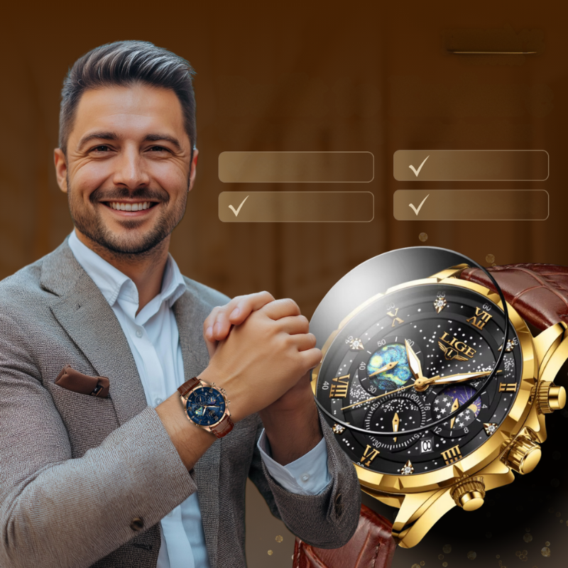 Orologio Moonfase elegante con cinturino in pelle, movimento al quarzo, resistente all'acqua, display luminoso
