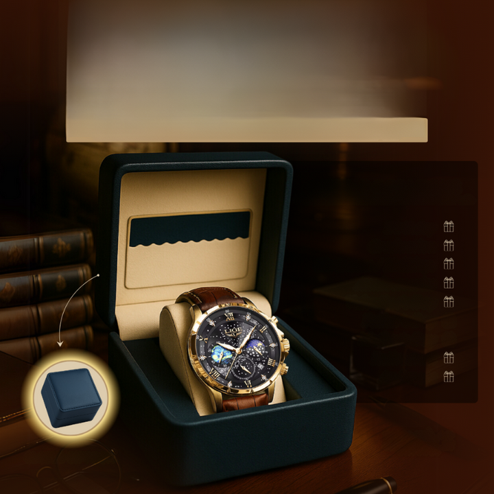 Orologio Moonfase elegante con cinturino in pelle, movimento al quarzo, resistente all'acqua, display luminoso