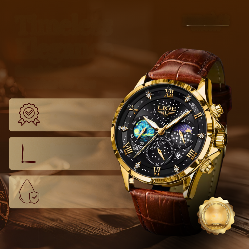 Orologio Moonfase elegante con cinturino in pelle, movimento al quarzo, resistente all'acqua, display luminoso
