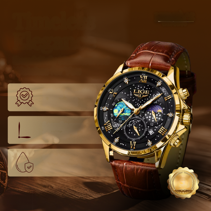 Orologio Moonfase elegante con cinturino in pelle, movimento al quarzo, resistente all'acqua, display luminoso