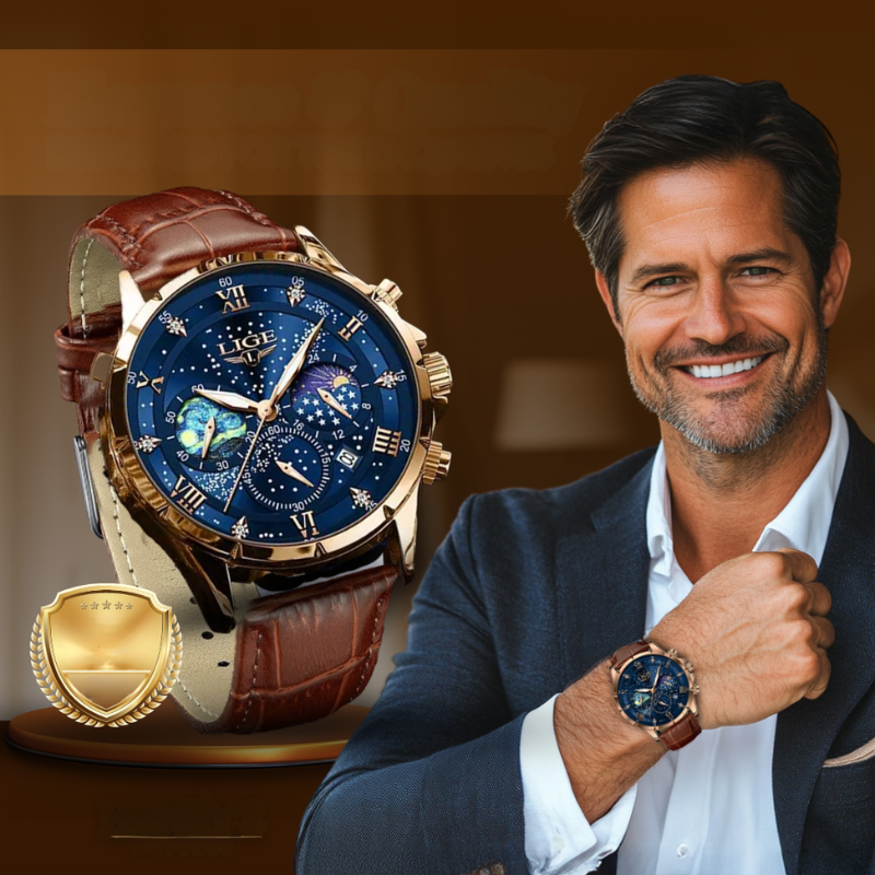 Orologio Moonfase elegante con cinturino in pelle, movimento al quarzo, resistente all'acqua, display luminoso