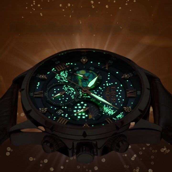 Orologio Moonfase elegante con cinturino in pelle, movimento al quarzo, resistente all'acqua, display luminoso