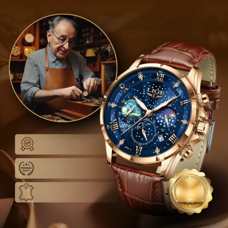 Orologio Moonfase elegante con cinturino in pelle, movimento al quarzo, resistente all'acqua, display luminoso