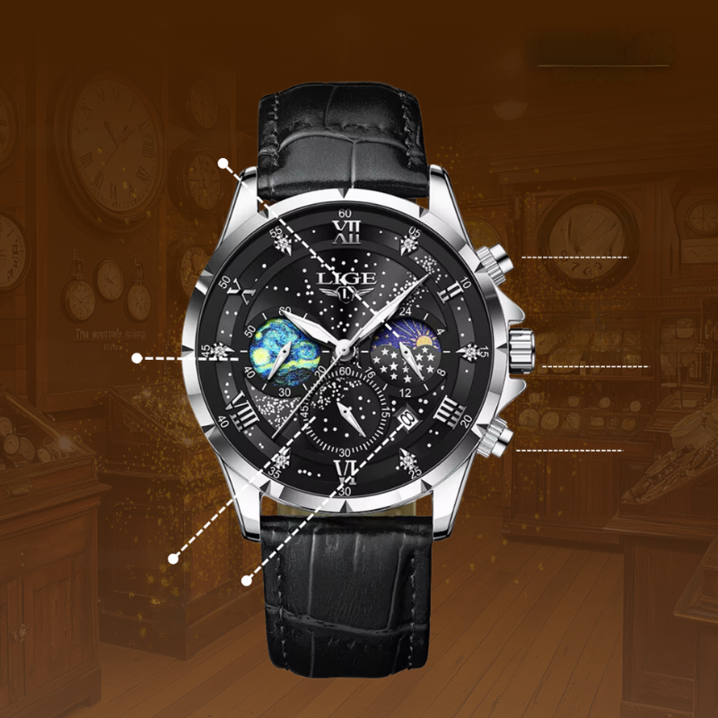 Orologio Moonfase elegante con cinturino in pelle, movimento al quarzo, resistente all'acqua, display luminoso