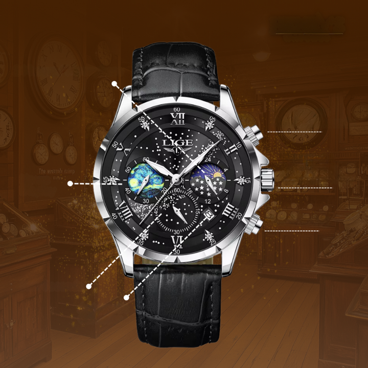 Orologio Moonfase elegante con cinturino in pelle, movimento al quarzo, resistente all'acqua, display luminoso