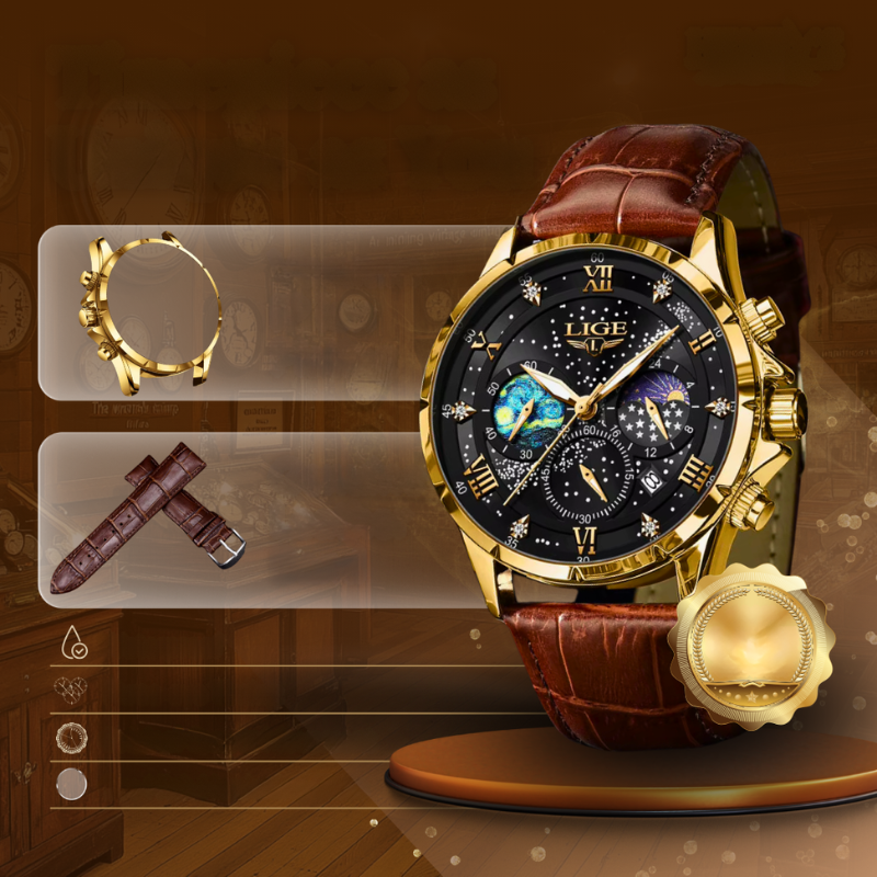 Orologio Moonfase elegante con cinturino in pelle, movimento al quarzo, resistente all'acqua, display luminoso