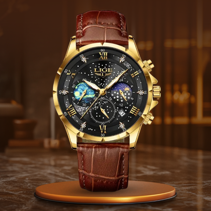 Orologio Moonfase Elegante con Cinturino in Pelle, Movimento al Quarzo, Resistente all'Acqua, Display Luminoso 10