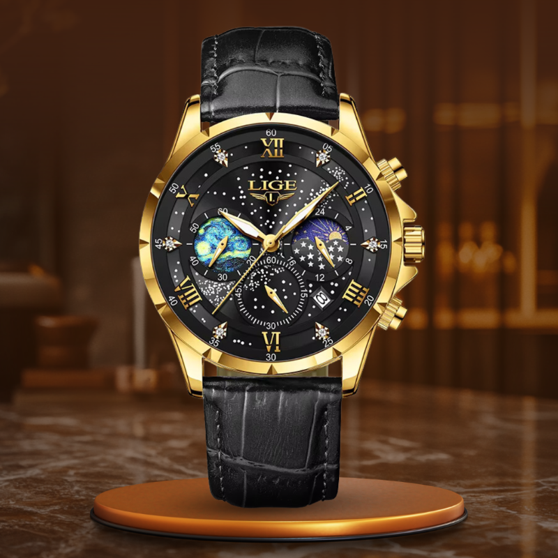 Orologio Moonfase Elegante con Cinturino in Pelle, Movimento al Quarzo, Resistente all'Acqua, Display Luminoso 11