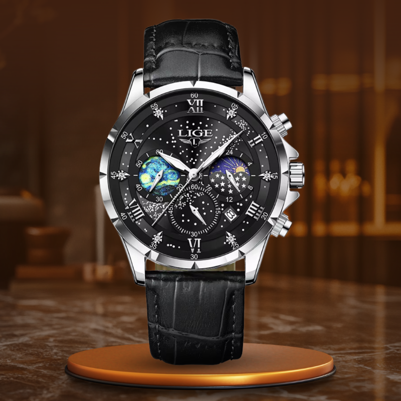 Orologio Moonfase Elegante con Cinturino in Pelle, Movimento al Quarzo, Resistente all'Acqua, Display Luminoso 12