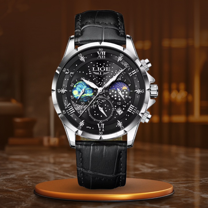 Orologio Moonfase Elegante con Cinturino in Pelle, Movimento al Quarzo, Resistente all'Acqua, Display Luminoso 12