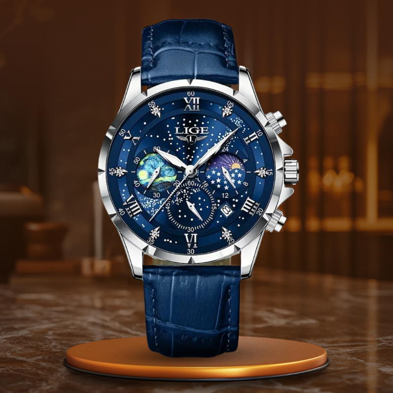 Orologio Moonfase Elegante con Cinturino in Pelle, Movimento al Quarzo, Resistente all'Acqua, Display Luminoso 13