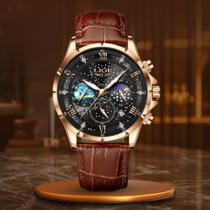 Orologio Moonfase Elegante con Cinturino in Pelle, Movimento al Quarzo, Resistente all'Acqua, Display Luminoso 9