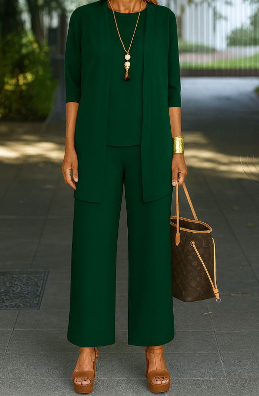 Outfit Donna Elegante Tre Pezzi con Cardigan Lungo e Pantaloni Ampi per Ufficio e Tempo Libero