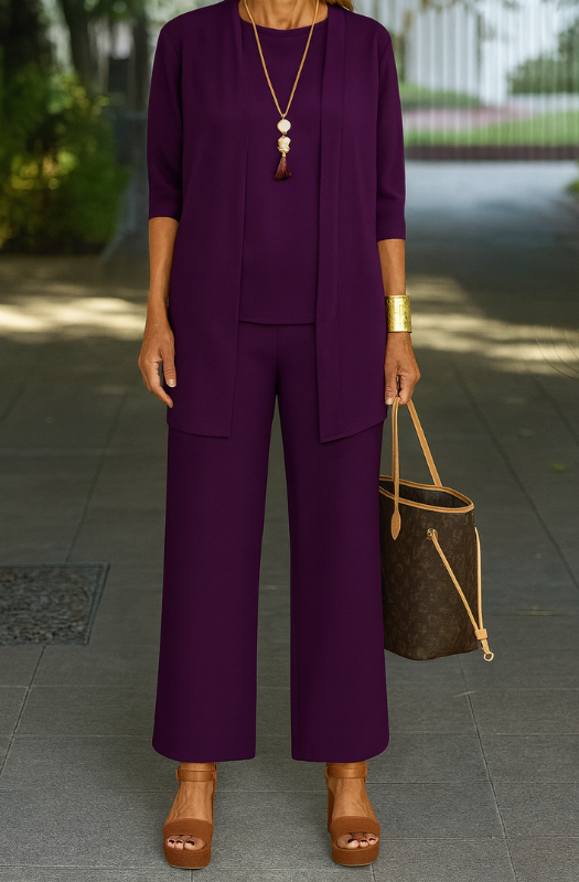 Outfit Donna Elegante Tre Pezzi con Cardigan Lungo e Pantaloni Ampi per Ufficio e Tempo Libero