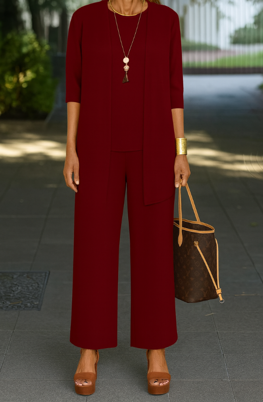 Outfit Donna Elegante Tre Pezzi con Cardigan Lungo e Pantaloni Ampi per Ufficio e Tempo Libero
