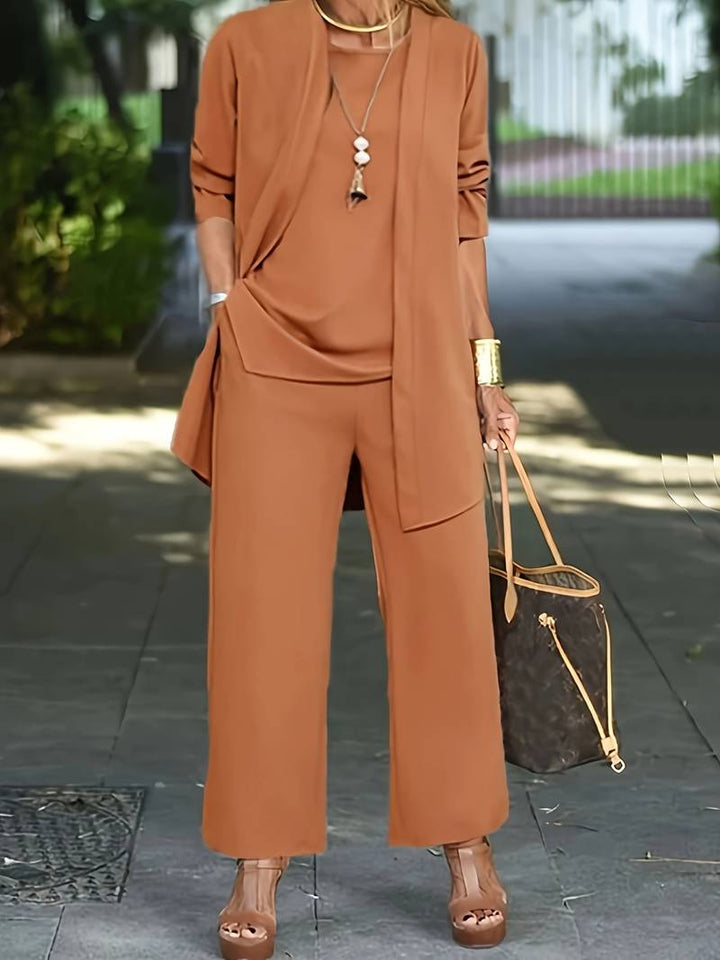 Outfit Donna Elegante Tre Pezzi con Cardigan Lungo e Pantaloni Ampi per Ufficio e Tempo Libero 1