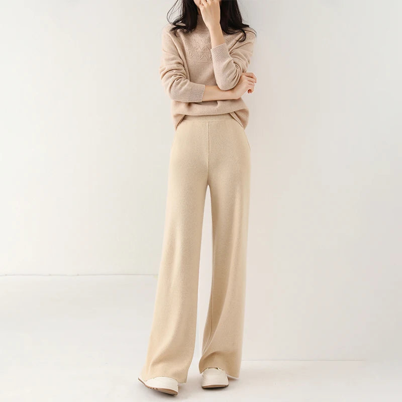 Pantaloni Donna in Lana Merino Eleganti con Gamba Larga e Vestibilità Confortevole 1