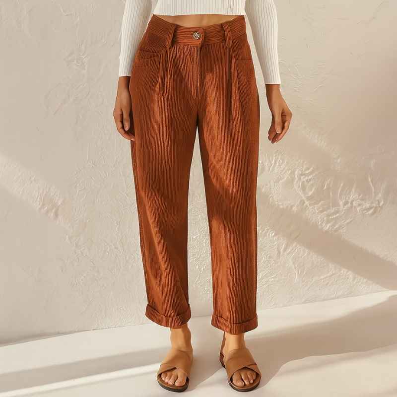 Pantaloni a Righe da Donna con Vita Elastica - Stile Elegante in Tessuto a Coste, Vestibilità Ampia