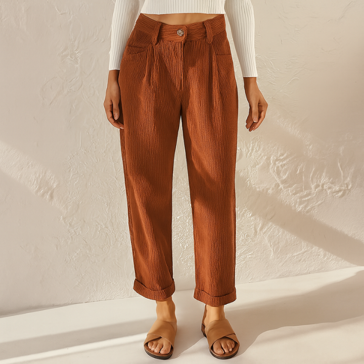 Pantaloni a Righe da Donna con Vita Elastica - Stile Elegante in Tessuto a Coste, Vestibilità Ampia