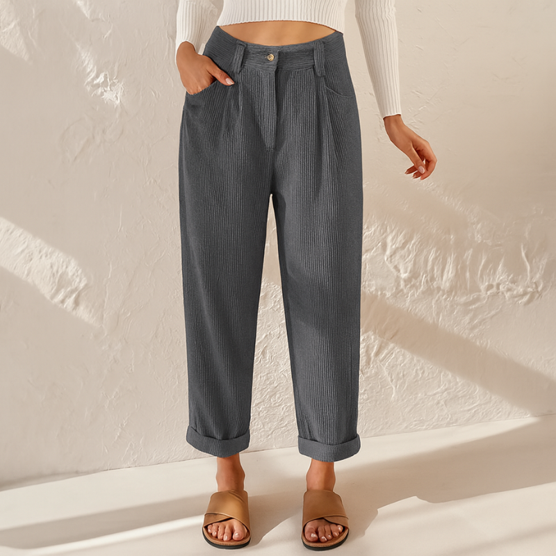 Pantaloni a Righe da Donna con Vita Elastica - Stile Elegante in Tessuto a Coste, Vestibilità Ampia