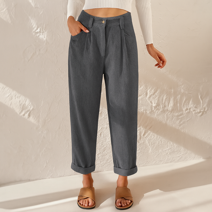 Pantaloni a Righe da Donna con Vita Elastica - Stile Elegante in Tessuto a Coste, Vestibilità Ampia