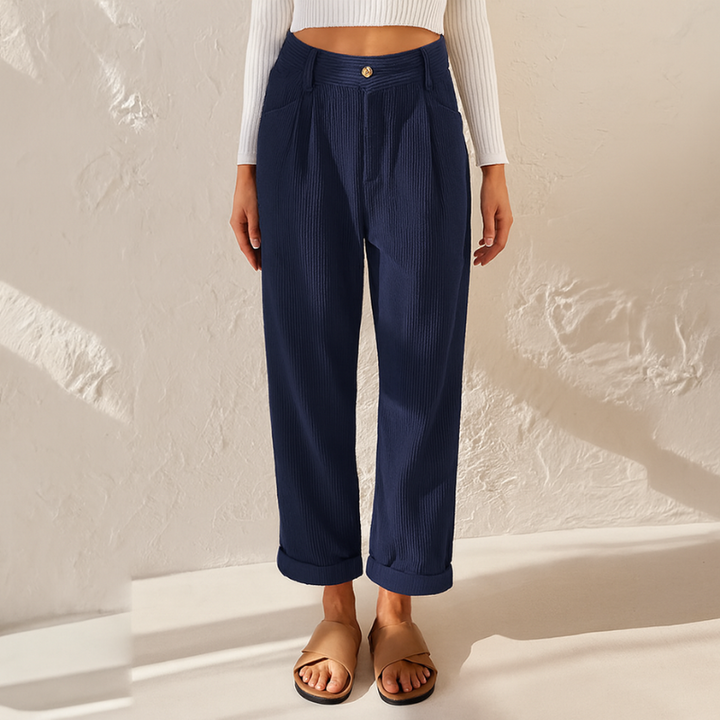 Pantaloni a Righe da Donna con Vita Elastica - Stile Elegante in Tessuto a Coste, Vestibilità Ampia