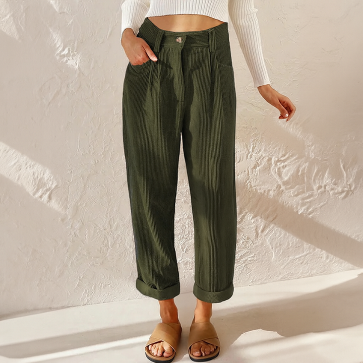 Pantaloni a Righe da Donna con Vita Elastica - Stile Elegante in Tessuto a Coste, Vestibilità Ampia