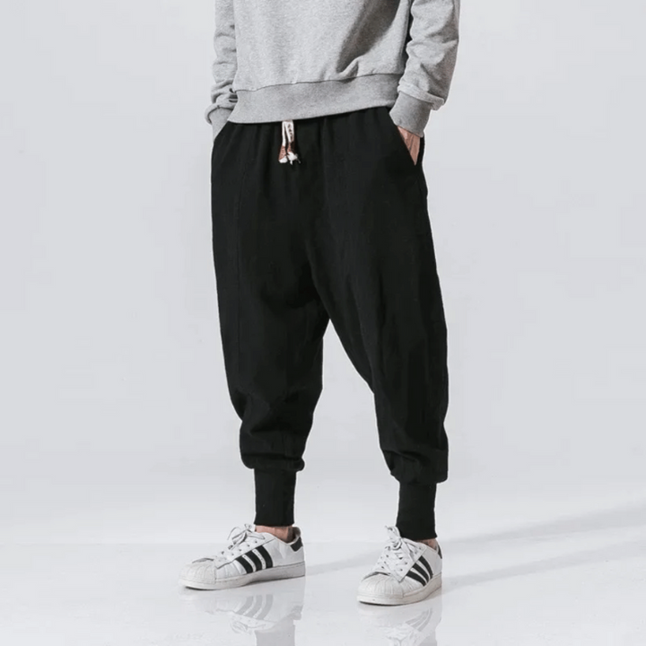 Pantaloni da Uomo Giapponesi Stile Kenji Rilassati con Cavallo Basso e Polsini Elasticizzati