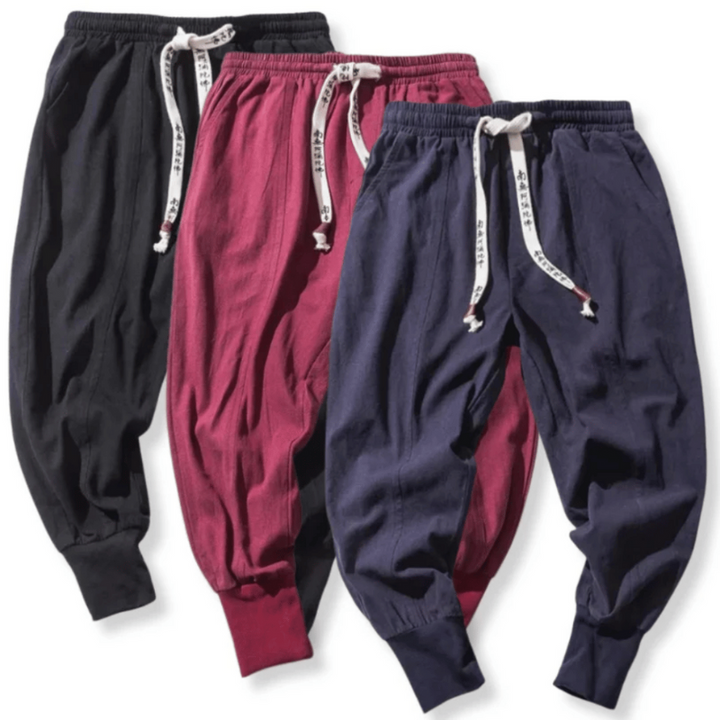 Pantaloni da Uomo Giapponesi Stile Kenji Rilassati con Cavallo Basso e Polsini Elasticizzati