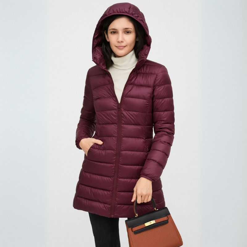 Langer Damen-Puffermantel mit abnehmbarem Kapuze und gestepptem Design