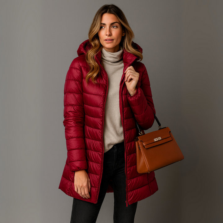 Langer Damen-Puffermantel mit abnehmbarem Kapuze und gestepptem Design