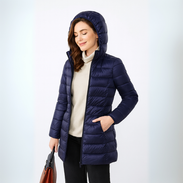 Langer Damen-Puffermantel mit abnehmbarem Kapuze und gestepptem Design