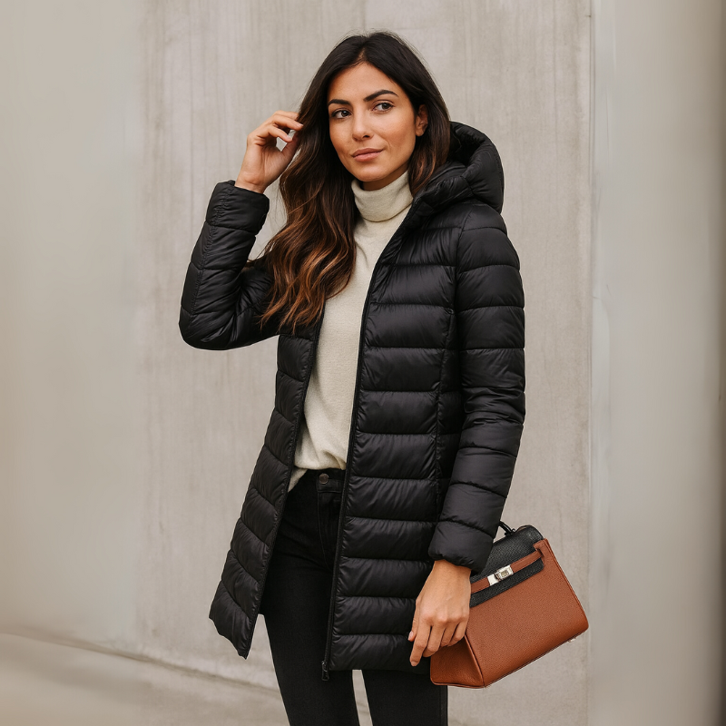 Langer Damen-Puffermantel mit abnehmbarem Kapuze und gestepptem Design