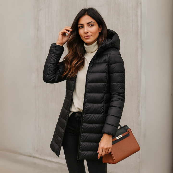 Langer Damen-Puffermantel mit abnehmbarem Kapuze und gestepptem Design