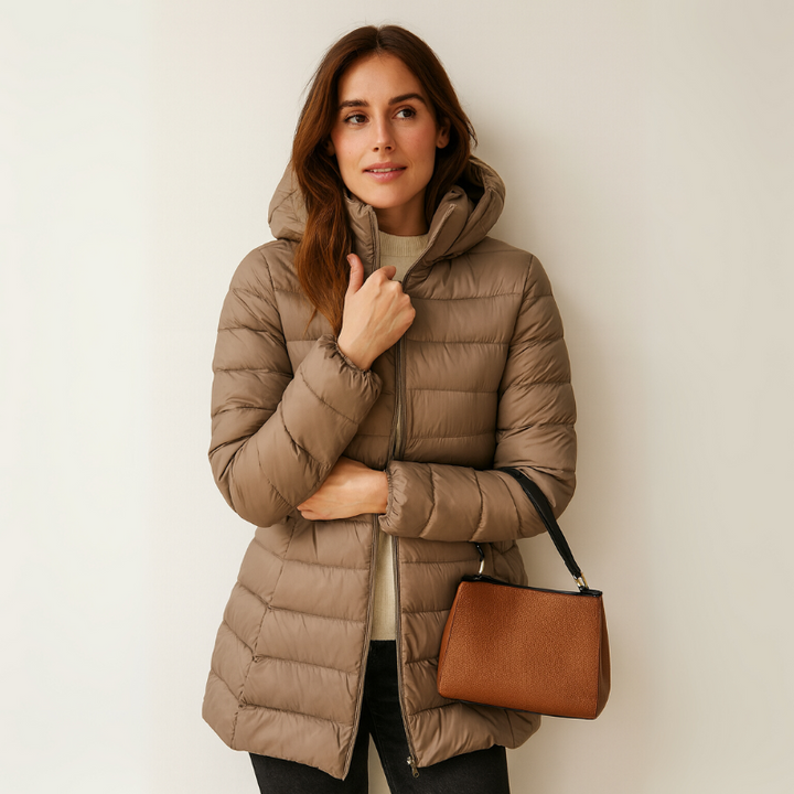 Langer Damen-Puffermantel mit abnehmbarem Kapuze und gestepptem Design