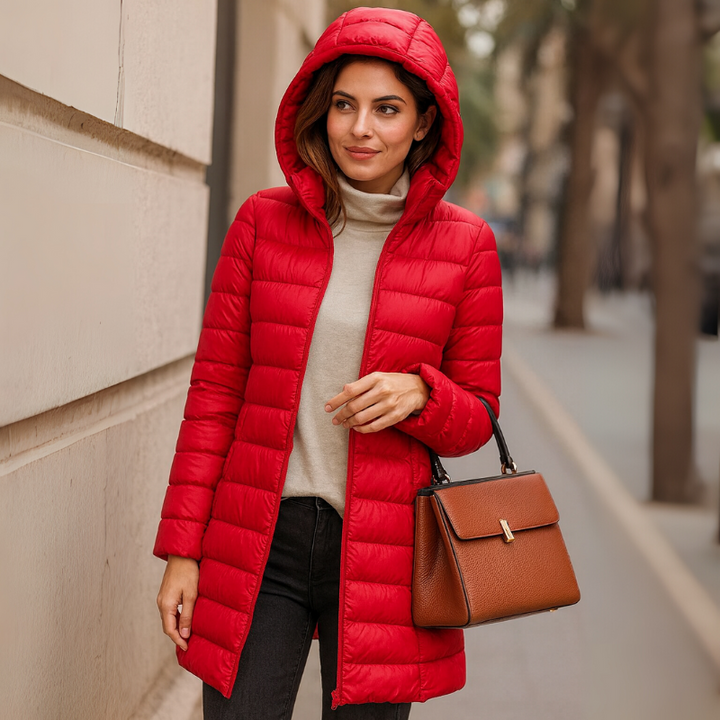 Langer Damen-Puffermantel mit abnehmbarem Kapuze und gestepptem Design