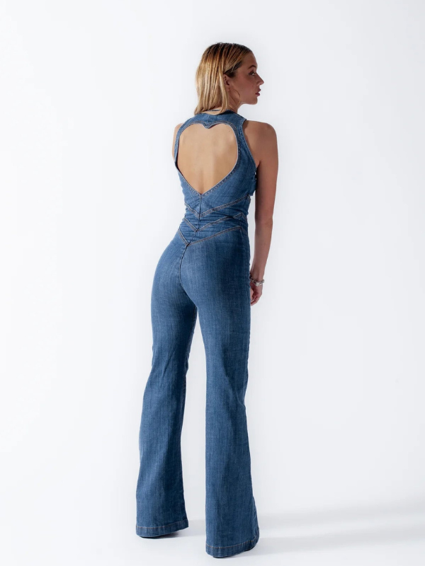 Salopette Jeans Donna Scollo a Cuore Design Attillato Vintage Fashion