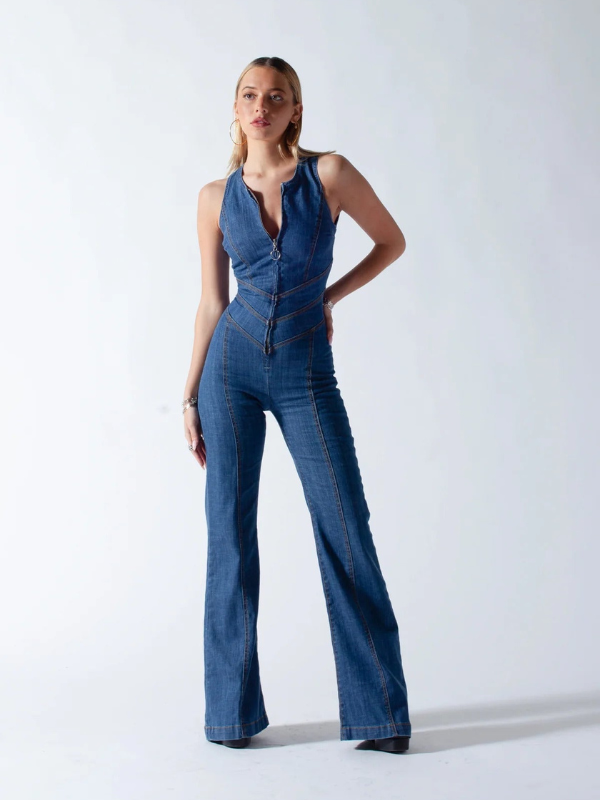 Salopette Jeans Donna Scollo a Cuore Design Attillato Vintage Fashion
