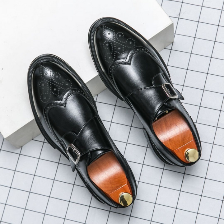 Scarpe Uomo Monk Strap in Pelle Elegante con Chiusura a Fibbia e Dettagli Brogue