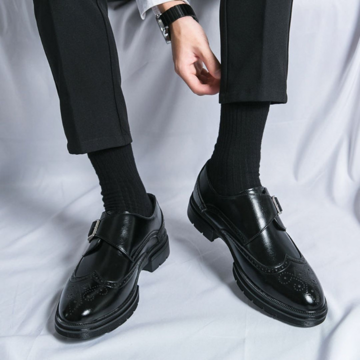 Scarpe Uomo Monk Strap in Pelle Elegante con Chiusura a Fibbia e Dettagli Brogue