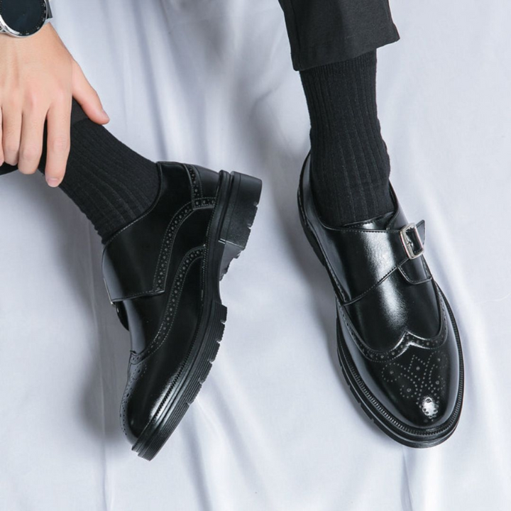 Scarpe Uomo Monk Strap in Pelle Elegante con Chiusura a Fibbia e Dettagli Brogue