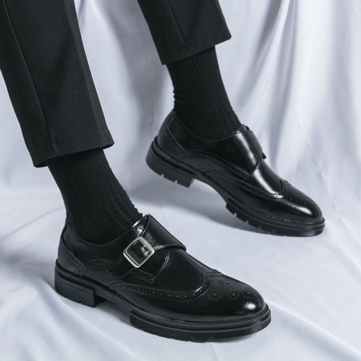 Scarpe Uomo Monk Strap in Pelle Elegante con Chiusura a Fibbia e Dettagli Brogue