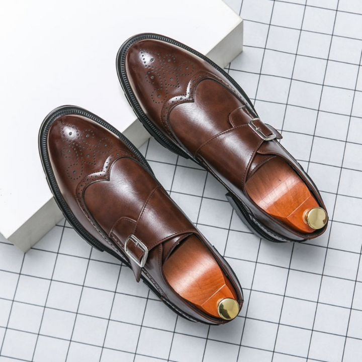 Scarpe Uomo Monk Strap in Pelle Elegante con Chiusura a Fibbia e Dettagli Brogue