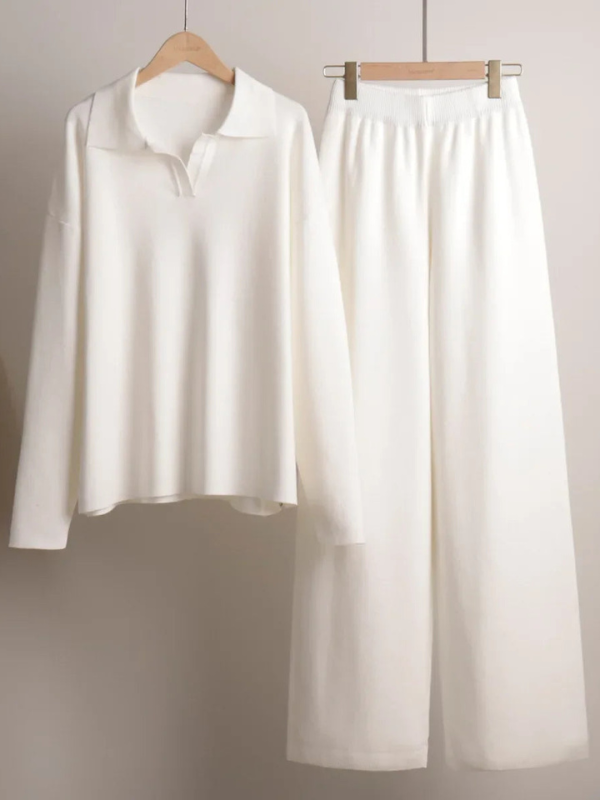 Polo da Donna in Maglia a Maniche Lunghe e Pantaloni a Gamba Larga