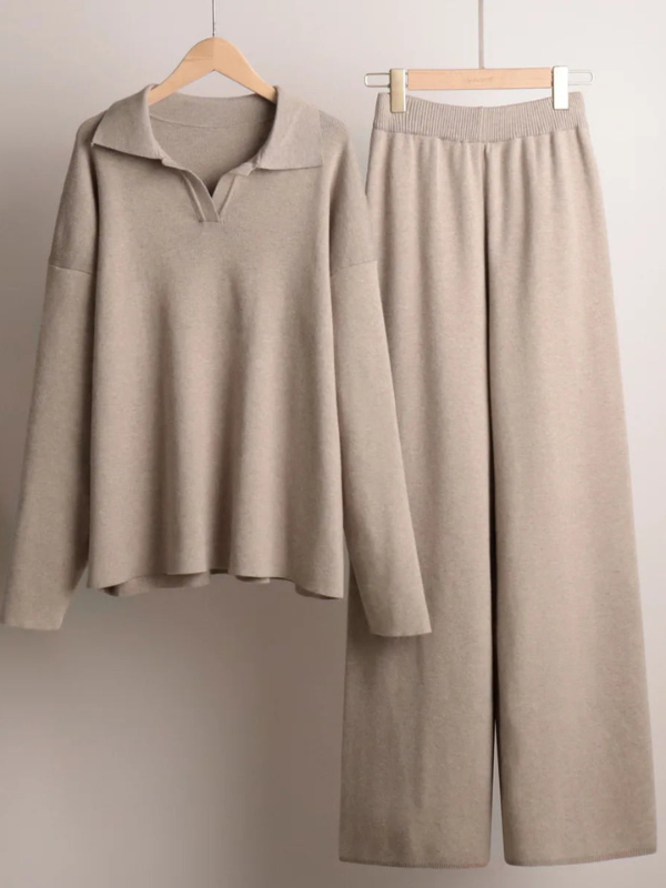 Polo da Donna in Maglia a Maniche Lunghe e Pantaloni a Gamba Larga