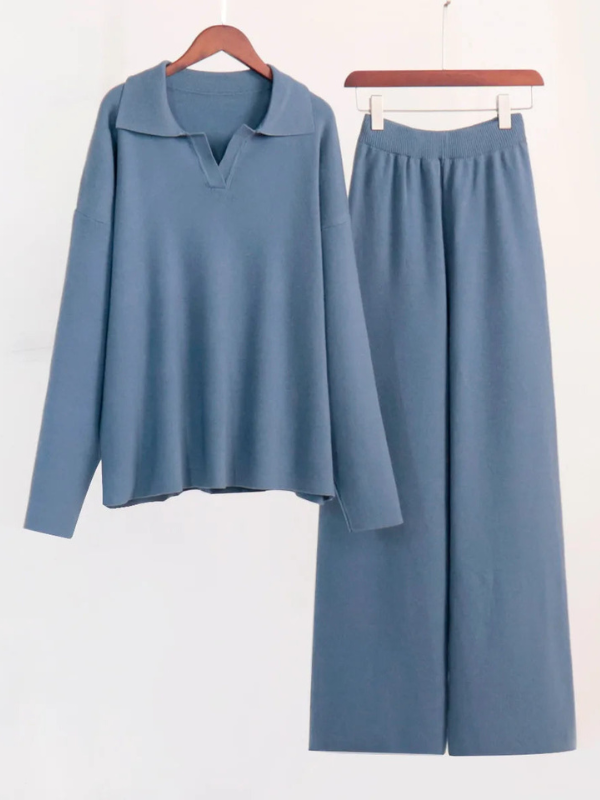 Polo da Donna in Maglia a Maniche Lunghe e Pantaloni a Gamba Larga