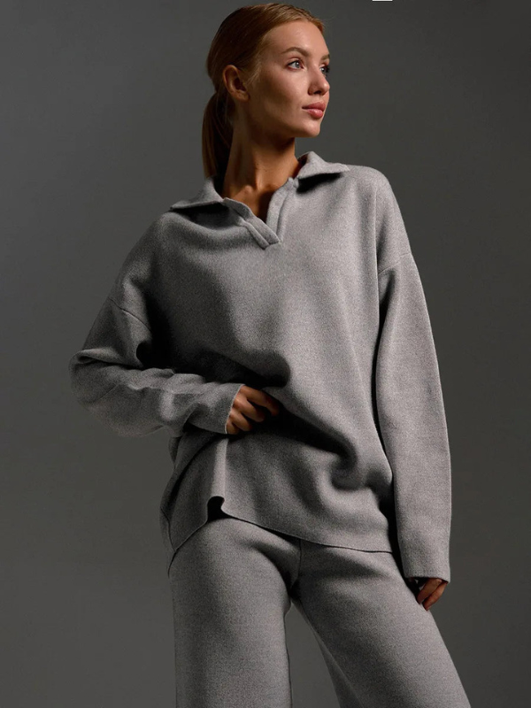 Polo da Donna in Maglia a Maniche Lunghe e Pantaloni a Gamba Larga