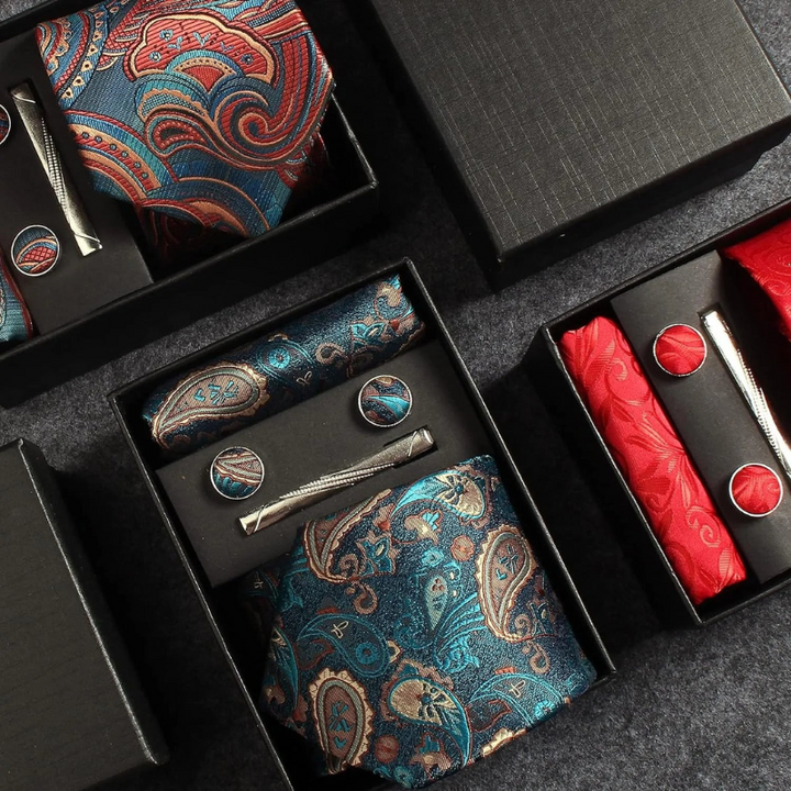 Set Cravatta Paisley da Uomo con Gemelli e Pochette