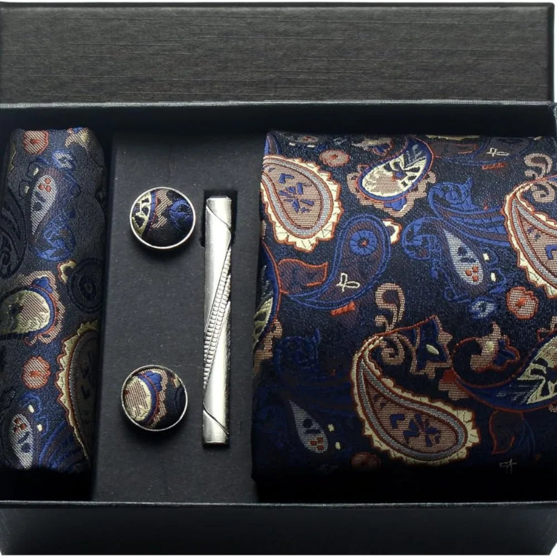 Set Cravatta Paisley da Uomo con Gemelli e Pochette