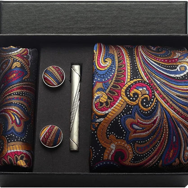 Set Cravatta Paisley da Uomo con Gemelli e Pochette